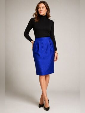 Vintage Carlisle Cobalt Blue Silk Blend Textured Jacquard Straight Skirt Size 10